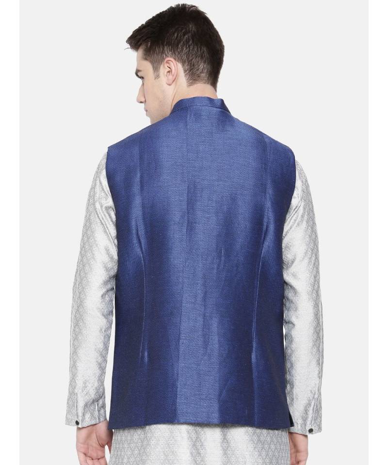 Mayank Modi Linen/Silk Blue Nehru Jacket
