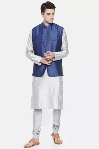 Mayank Modi Linen/Silk Blue Nehru Jacket