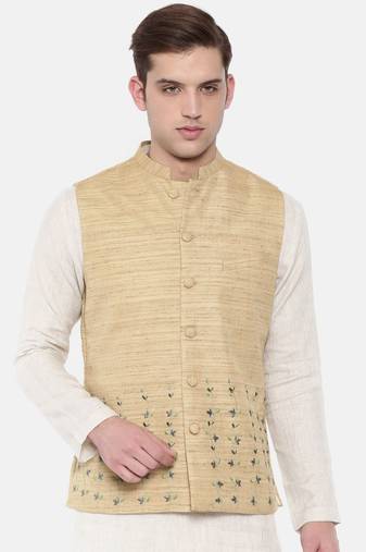 Mayank Modi Beige Matka Jute Embroidered Nehru Jacket