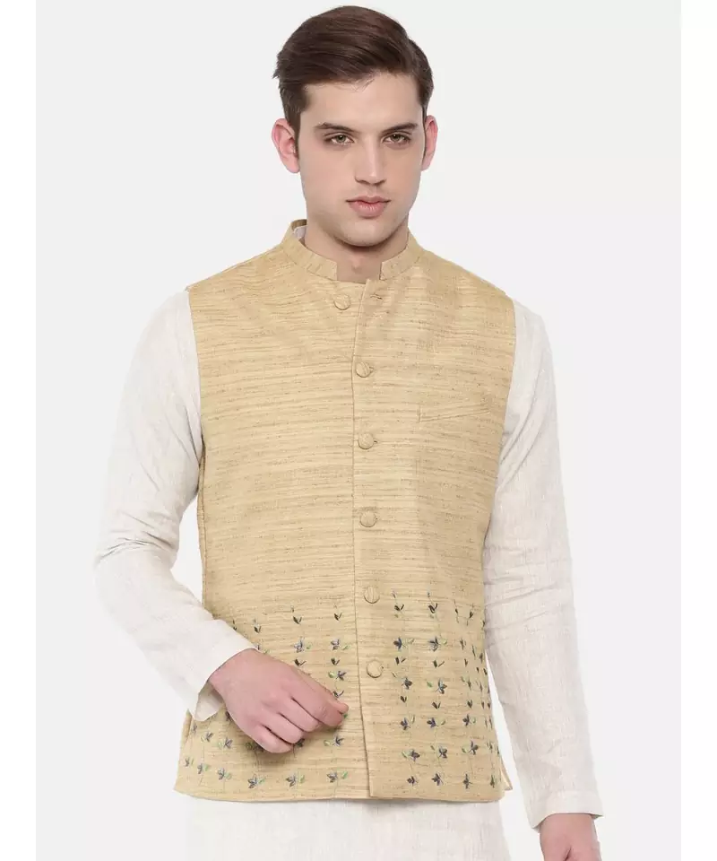 Mayank Modi Beige Matka Jute Embroidered Nehru Jacket