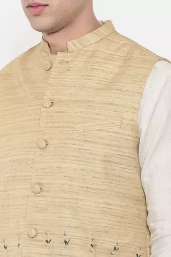 Mayank Modi Beige Matka Jute Embroidered Nehru Jacket