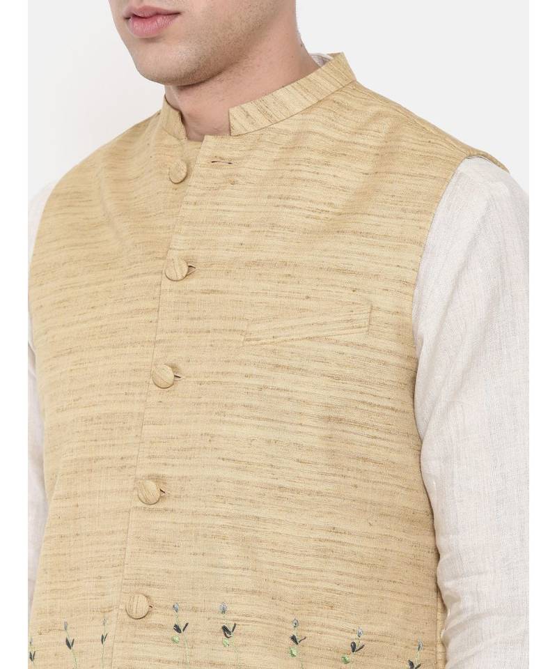 Mayank Modi Beige Matka Jute Embroidered Nehru Jacket