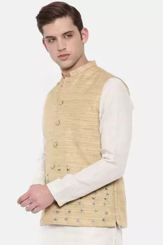 Mayank Modi Beige Matka Jute Embroidered Nehru Jacket