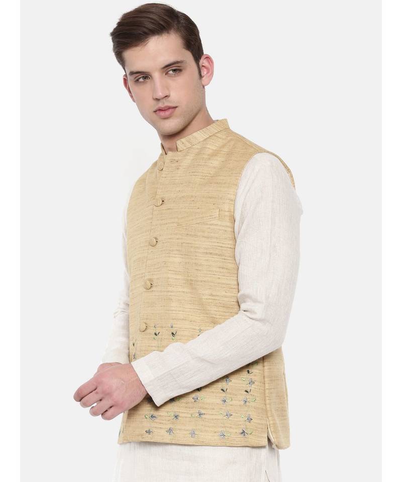 Mayank Modi Beige Matka Jute Embroidered Nehru Jacket