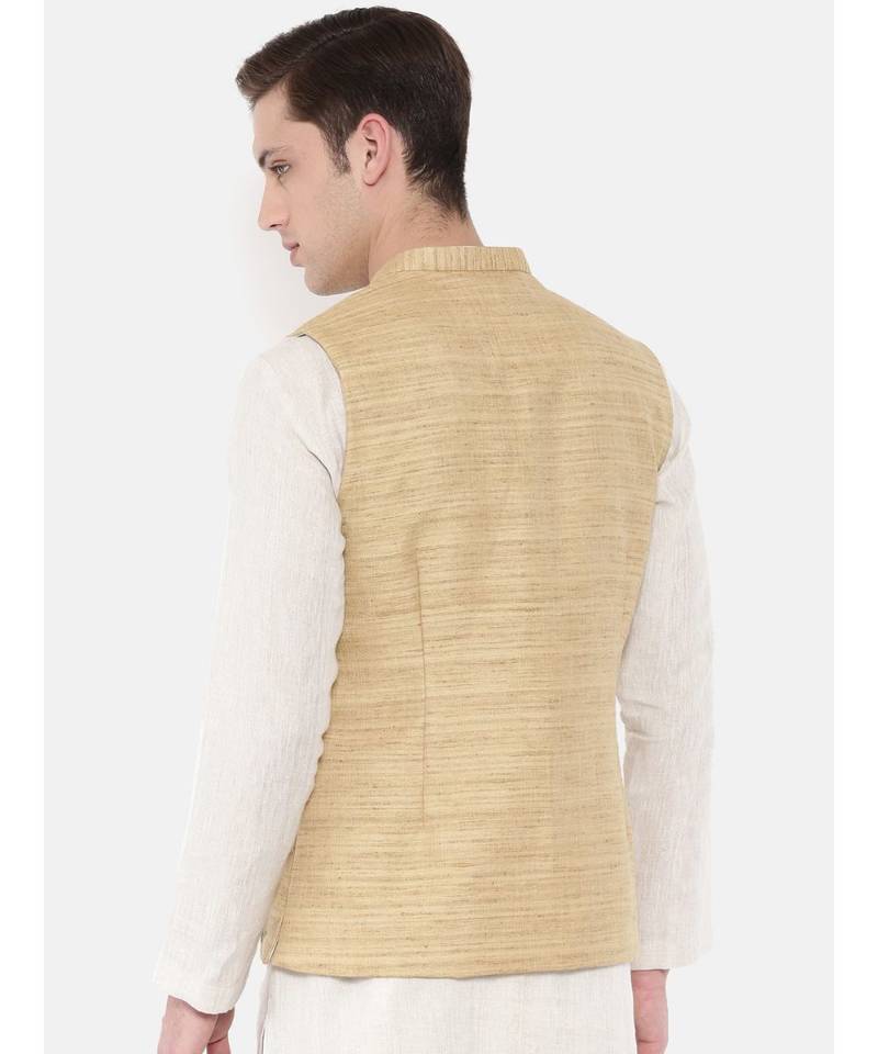 Mayank Modi Beige Matka Jute Embroidered Nehru Jacket