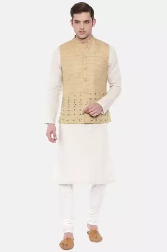 Mayank Modi Beige Matka Jute Embroidered Nehru Jacket