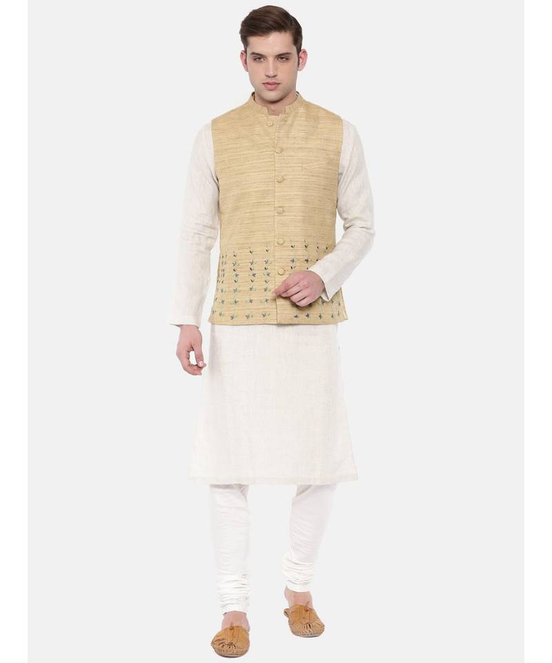 Mayank Modi Beige Matka Jute Embroidered Nehru Jacket