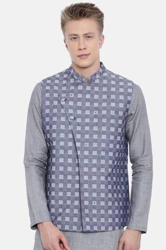 Mayank Modi Blue Cotton Checkered Embroidered Jacket