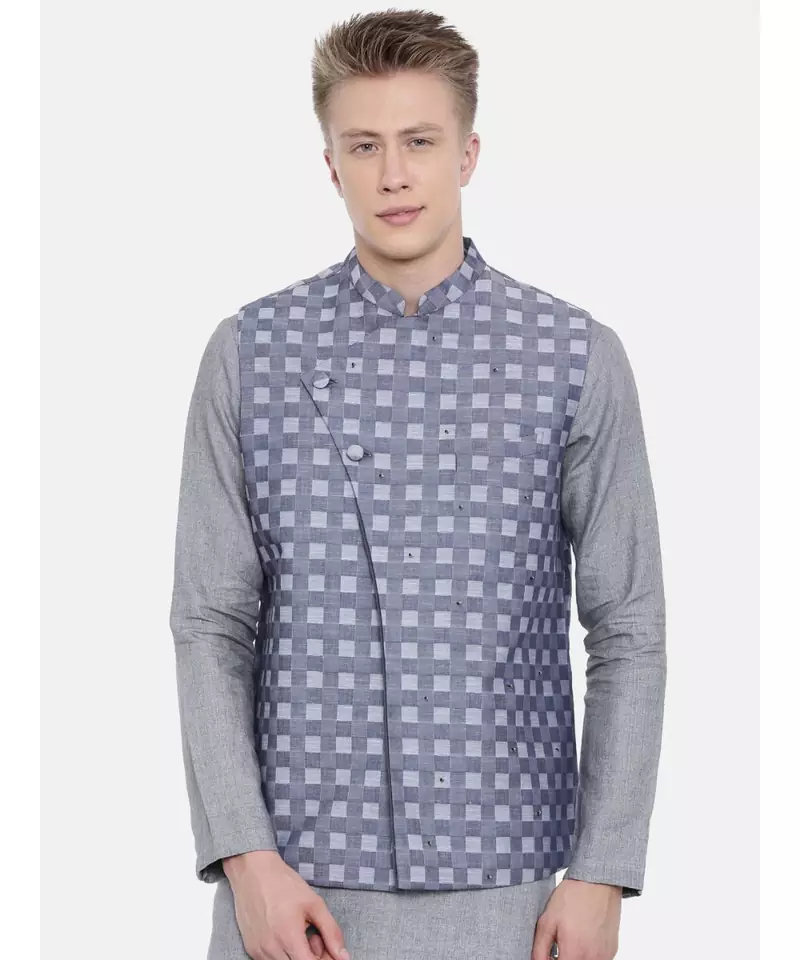Mayank Modi Blue Cotton Checkered Embroidered Jacket