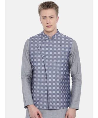 Mayank Modi Blue Cotton Checkered Embroidered Jacket 1