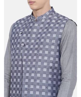 Mayank Modi Blue Cotton Checkered Embroidered Jacket 2