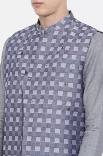 Mayank Modi Blue Cotton Checkered Embroidered Jacket