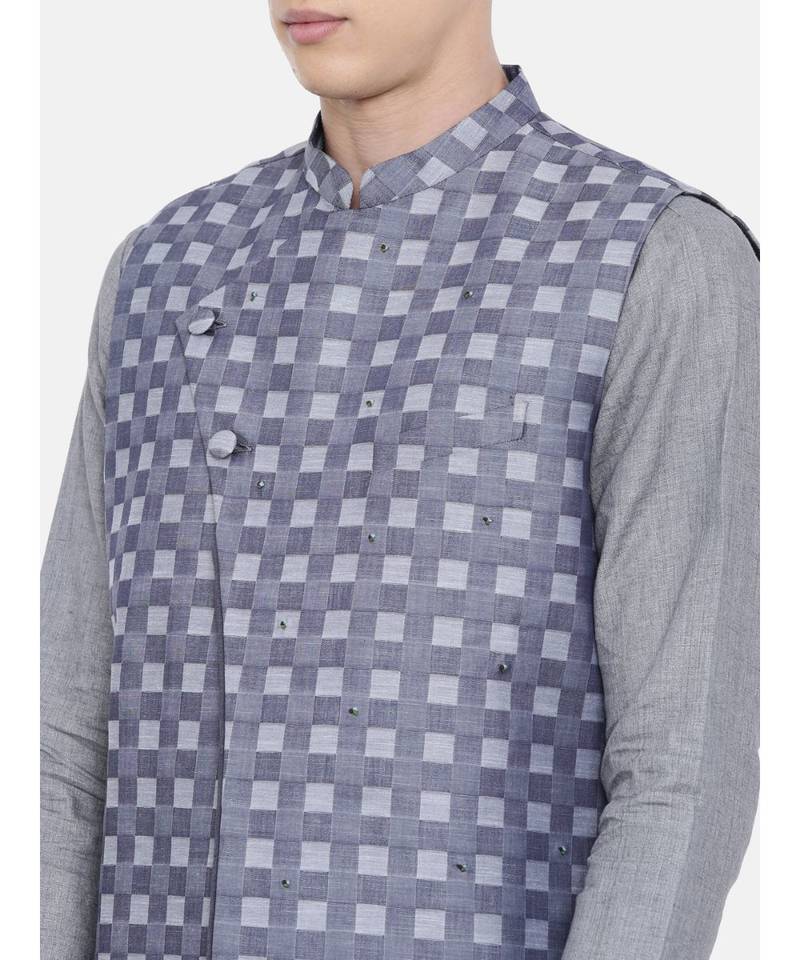 Mayank Modi Blue Cotton Checkered Embroidered Jacket