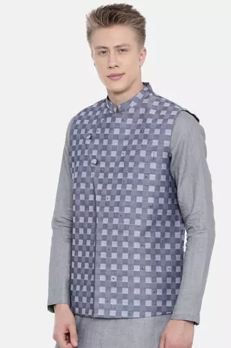 Mayank Modi Blue Cotton Checkered Embroidered Jacket