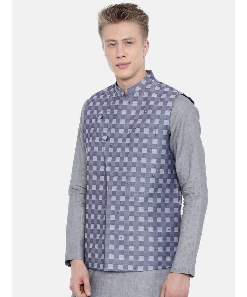 Mayank Modi Blue Cotton Checkered Embroidered Jacket