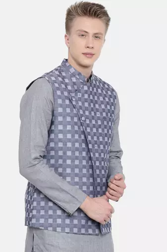 Mayank Modi Blue Cotton Checkered Embroidered Jacket