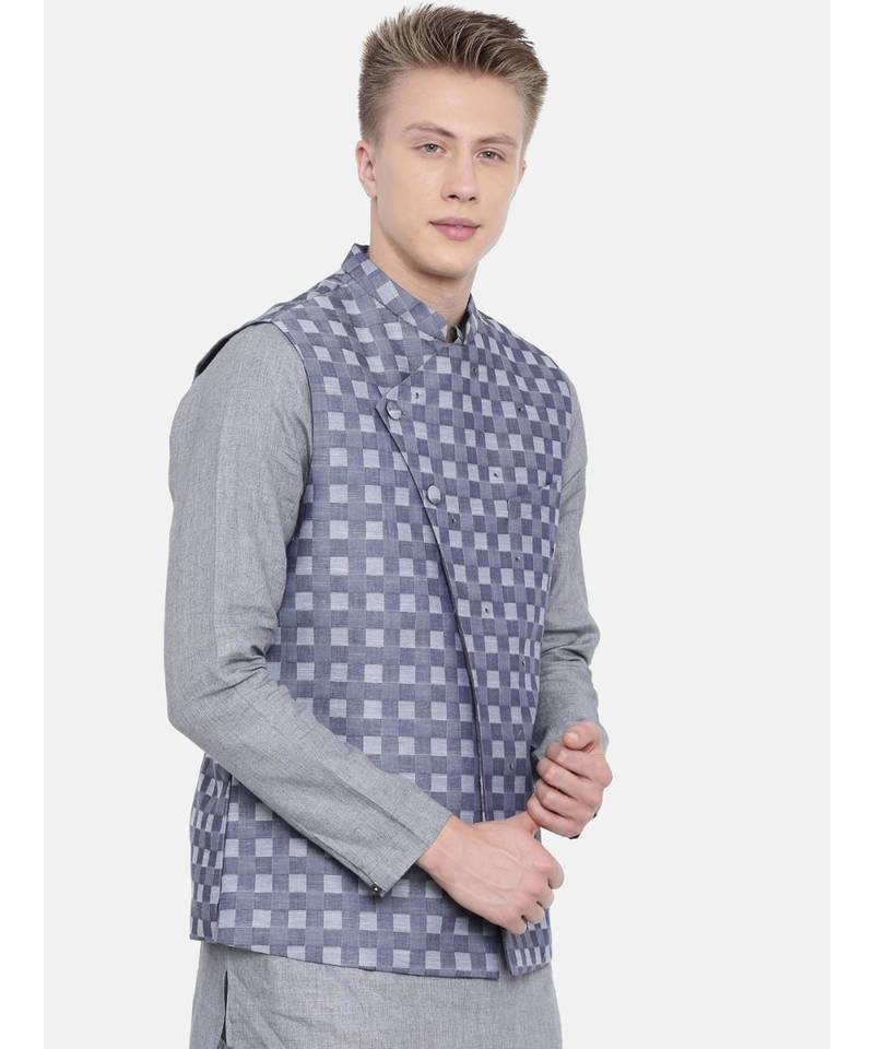 Mayank Modi Blue Cotton Checkered Embroidered Jacket