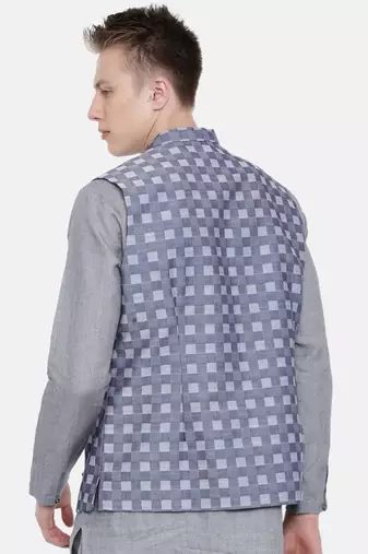 Mayank Modi Blue Cotton Checkered Embroidered Jacket