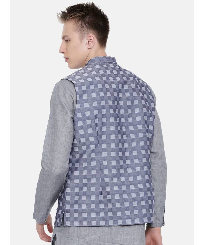 Mayank Modi Blue Cotton Checkered Embroidered Jacket