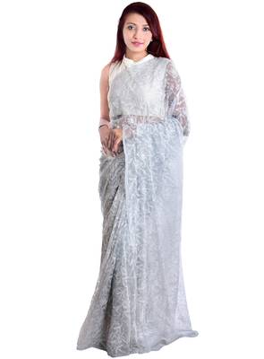 Lavangi Light Grey Hand Embroidered Lucknow Chikan Tepchi WorK Faux Georgette Saree with Blouse 1