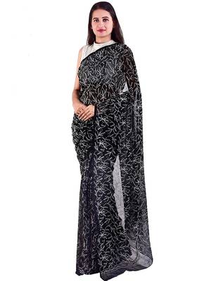 Lavangi Black Hand Embroidered Lucknow Chikan Tepchi WorK Faux Georgette Saree with Blouse 1