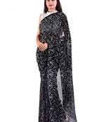 Lavangi Black Hand Embroidered Lucknow Chikan Tepchi WorK Faux Georgette Saree with Blouse