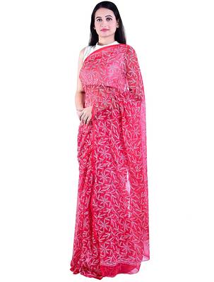 Lavangi Red Hand Embroidered Lucknow Chikan Tepchi WorK Faux Georgette Saree with Blouse 1