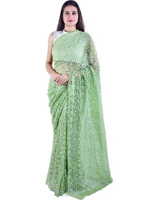Lavangi Mehendi Green Hand Embroidered Lucknow Chikan Tepchi WorK Faux Georgette Saree with Blouse 1