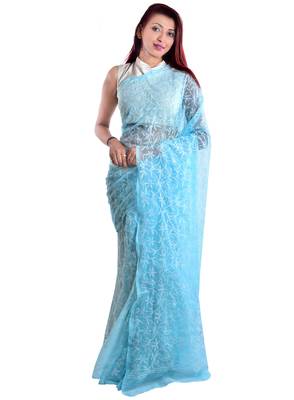 Lavangi Sky Blue Hand Embroidered Lucknow Chikan Tepchi WorK Faux Georgette Saree with Blouse 1