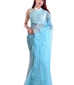 Lavangi Sky Blue Hand Embroidered Lucknow Chikan Tepchi WorK Faux Georgette Saree with Blouse