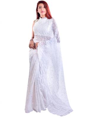 Lavangi White Hand Embroidered Lucknow Chikan Tepchi WorK Faux Georgette Saree with Blouse 1
