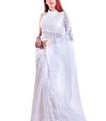 Lavangi White Hand Embroidered Lucknow Chikan Tepchi WorK Faux Georgette Saree with Blouse