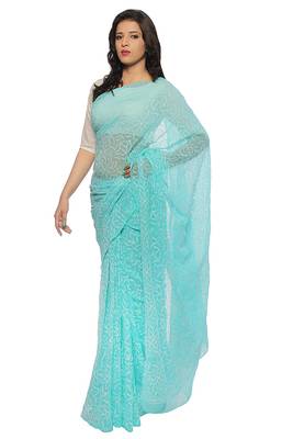 Lavangi Sea Green Hand Embroidered Lucknow Chikan Tepchi WorK Faux Georgette Saree with Blouse 1