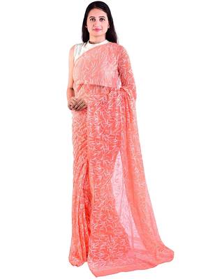 Lavangi Peach Hand Embroidered Lucknow Chikan Tepchi WorK Faux Georgette Saree with Blouse 1