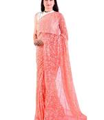 Lavangi Peach Hand Embroidered Lucknow Chikan Tepchi WorK Faux Georgette Saree with Blouse