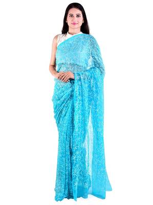 Lavangi Turquoise Hand Embroidered Lucknow Chikan Tepchi WorK Faux Georgette Saree with Blouse 1