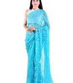 Lavangi Turquoise Hand Embroidered Lucknow Chikan Tepchi WorK Faux Georgette Saree with Blouse