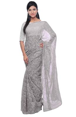 Lavangi Grey Hand Embroidered Lucknow Chikan Tepchi WorK Faux Georgette Saree with Blouse 1