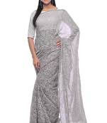 Lavangi Grey Hand Embroidered Lucknow Chikan Tepchi WorK Faux Georgette Saree with Blouse
