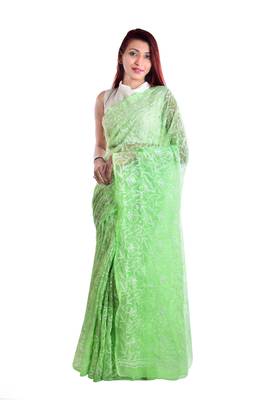 Lavangi Light green Hand Embroidered Lucknow Chikan Tepchi WorK Faux Georgette Saree with Blouse 1