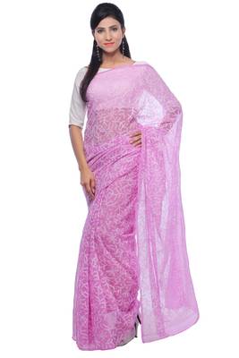 Lavangi Onion Pink Hand Embroidered Lucknow Chikan Tepchi WorK Faux Georgette Saree with Blouse 1