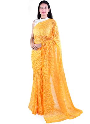 Mustard Hand Embroidered Lucknow Chikan Tepchi WorK Faux Georgette Saree with Blouse 1