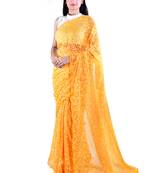 Mustard Hand Embroidered Lucknow Chikan Tepchi WorK Faux Georgette Saree with Blouse
