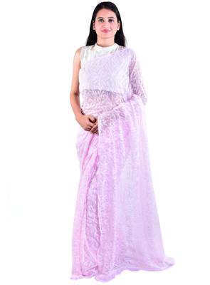 Lavangi Baby pink Hand Embroidered Lucknow Chikan Tepchi WorK Faux Georgette Saree with Blouse 1