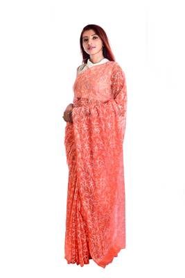 Lavangi Orange Hand Embroidered Lucknow Chikan Tepchi WorK Faux Georgette Saree with Blouse 1