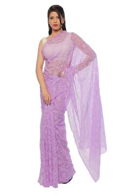 Lavangi Mauve Hand Embroidered Lucknow Chikan Tepchi WorK Faux Georgette Saree with Blouse 1