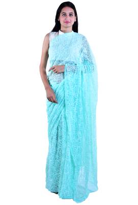Lavangi Light Sea Green Hand Embroidered Lucknow Chikan Tepchi WorK Faux Georgette Saree with Blouse 1