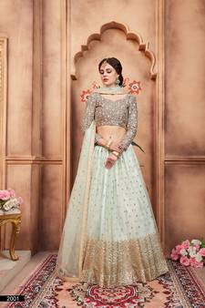 Sky-blue embroidered net semi stitched lehenga