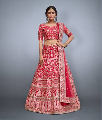 CATCHING PINK SEQUINS EMBROIDERED ART SILK SEMI STITCHED BRIDAL LEHENGA 1