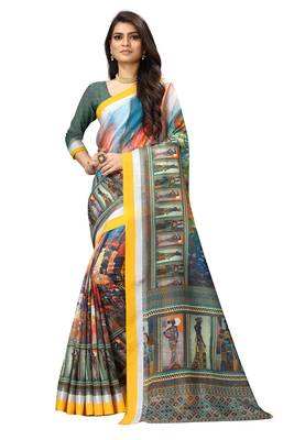 Multicolor printed linen saree with blouse 1